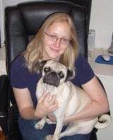 Catherine Dunn and Bender the Pug