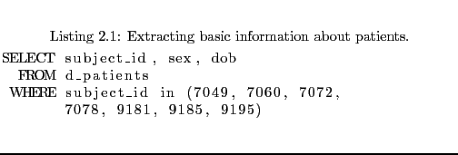 $\textstyle \parbox{0.9\textwidth }{
\begin{center}
\lstinputlisting[caption=E...
...irstline=4,label=sql:PatientBasicInfo]{code/basic_pat_info.sql}
\end{center} }$
